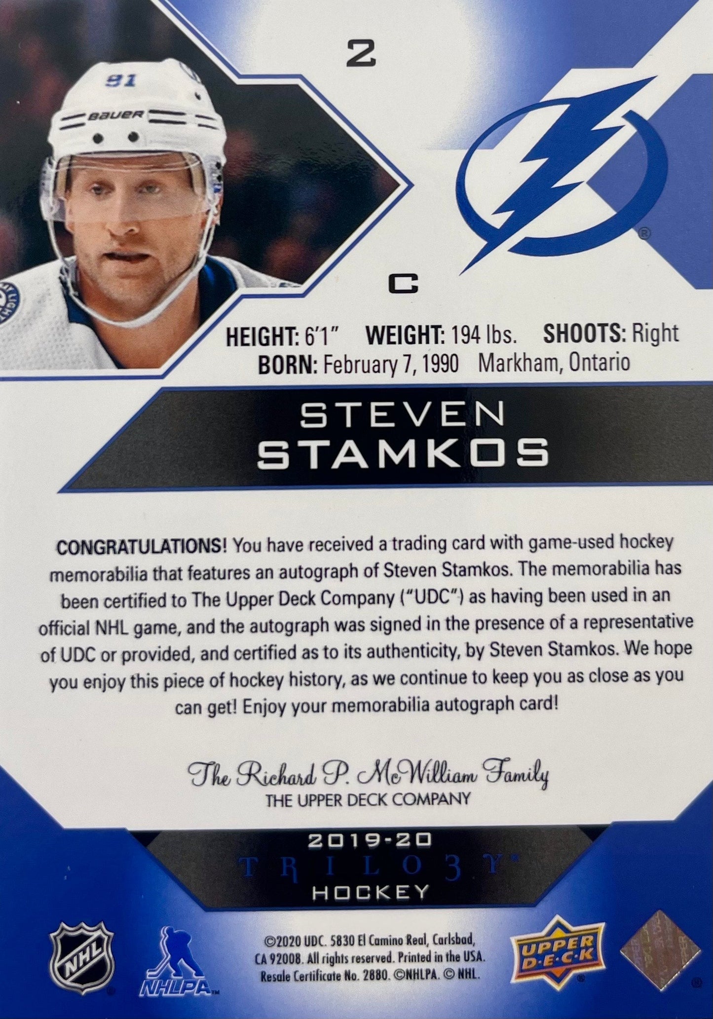Steven Stamkos autographed GU 2020 Upper Deck card 2/5 NHL Tampa Bay Lightning