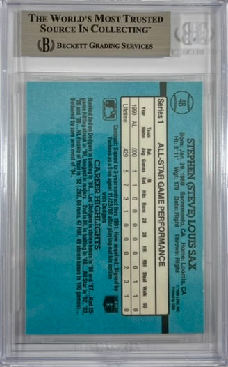 Steve Sax auto inscribed card 1990 Leaf #48 MLB New York Yankees BAS Encap