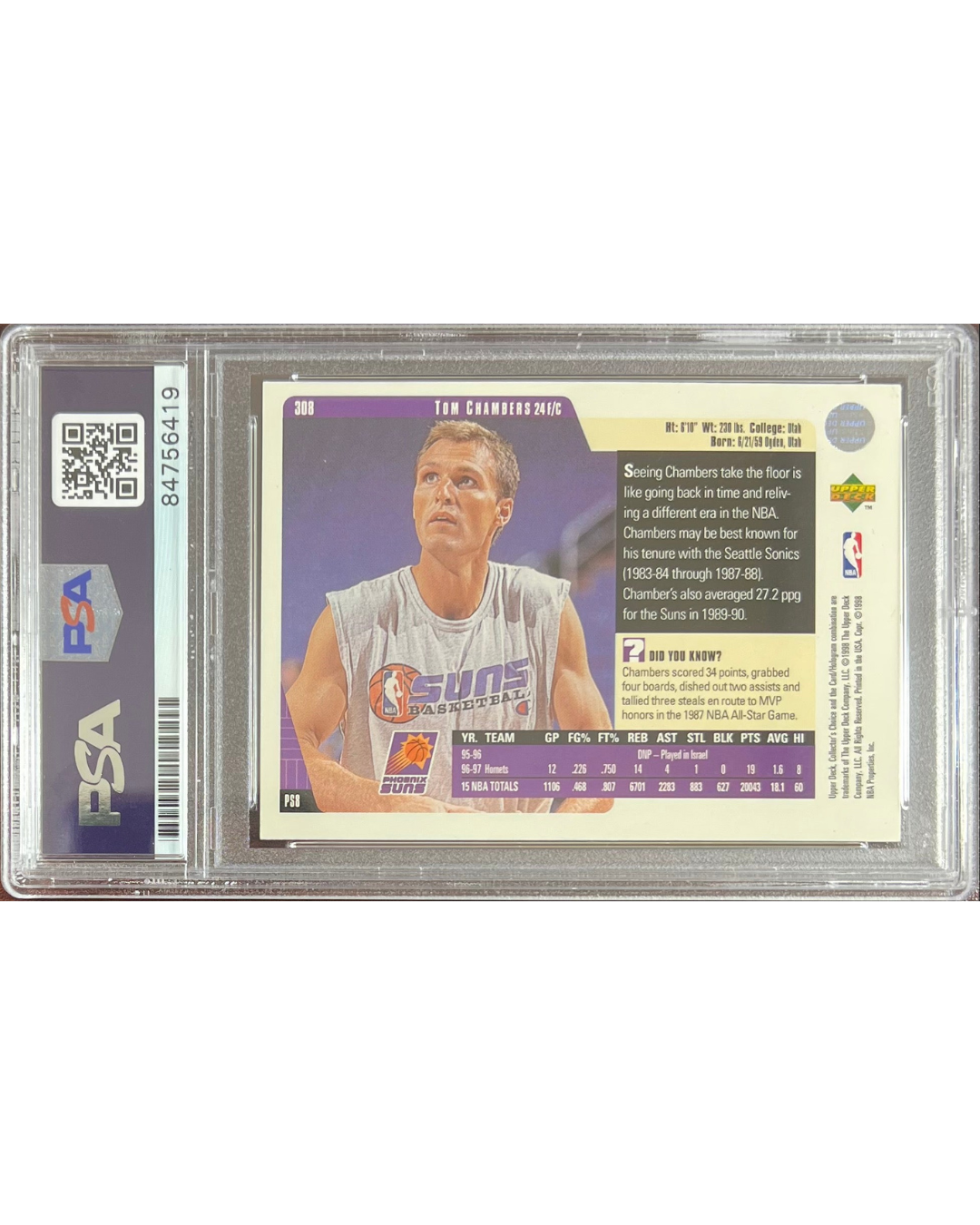 Tom Chambers Autographed Signed 1998 Upper Deck #308 Phoenix Suns Card PSA Encapsulated