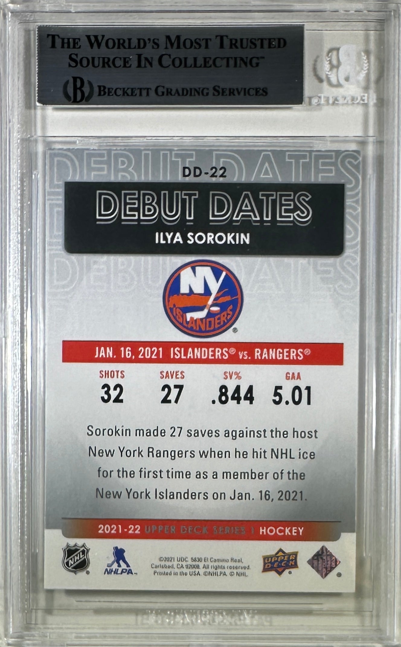 Ilya Sorokin 2021 Upper Deck encap RC New York Islanders BAS