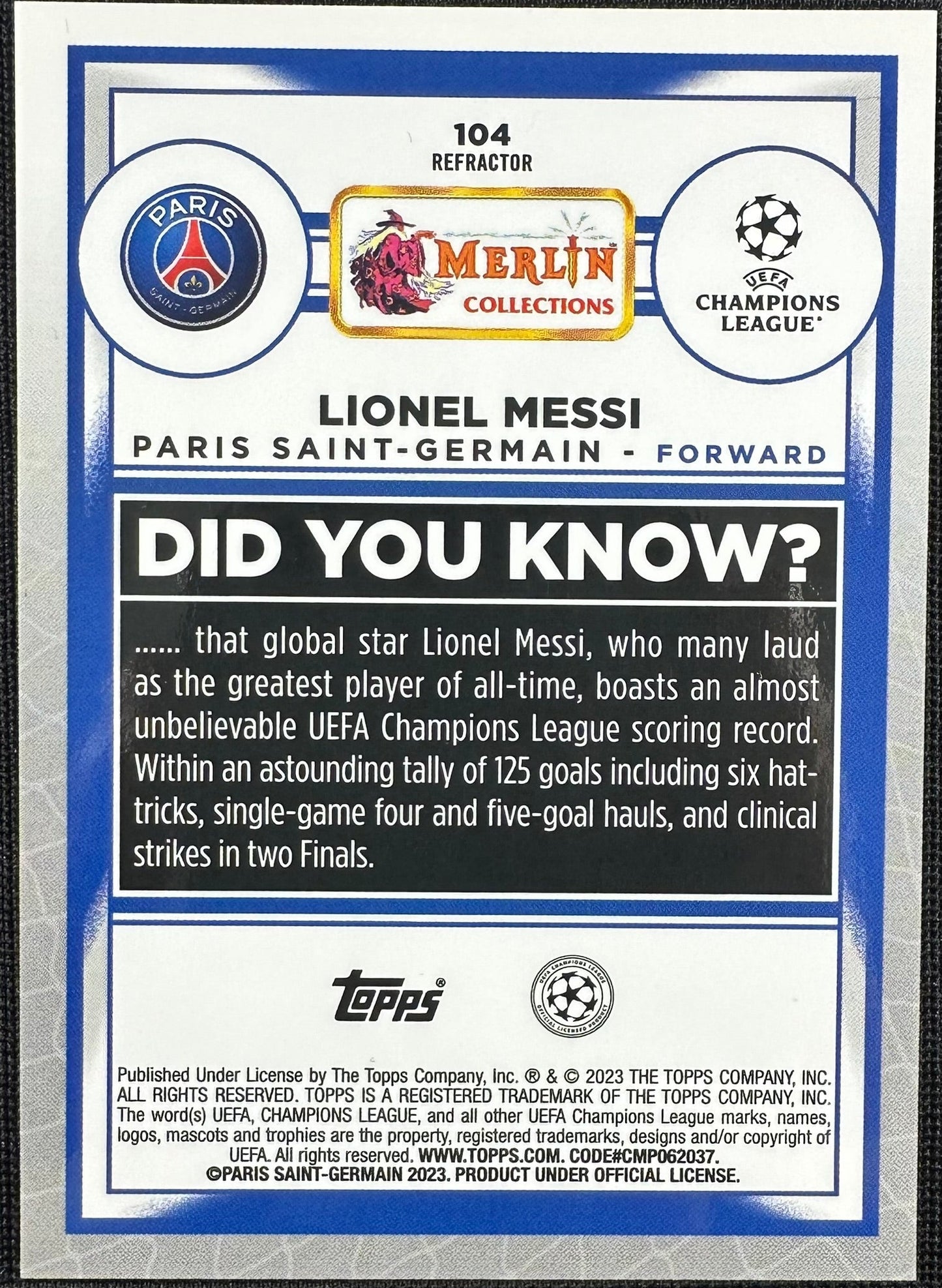 Lionel Messi Topps Merlin Sliver Refractor #104 2022-23 PSG