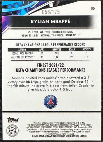 Kylian Mbappe 2021-22 Topps Finest Speckle Parallel #50 /175