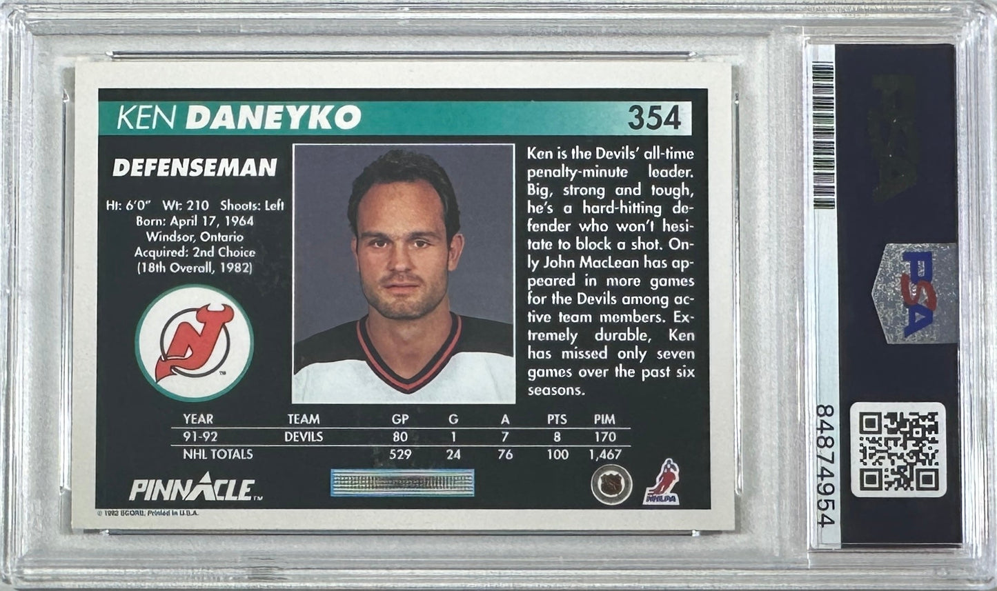 Ken Daneyko auto insc 1992 Pinnacle card PSA Encapsulated New Jersey Devils