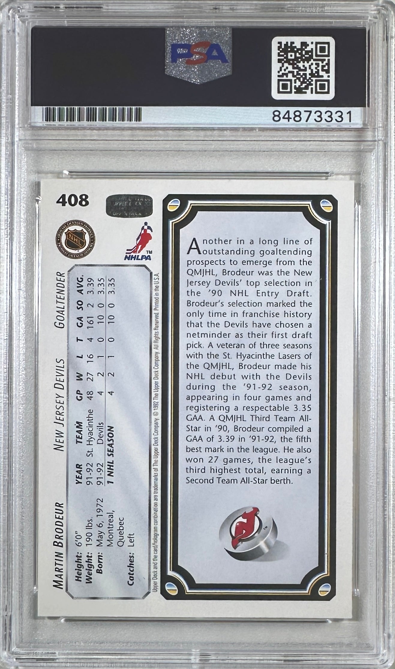 Martin Brodeur auto 1992 Upper Deck RC #408 New Jersey Devils PSA Encapsulated