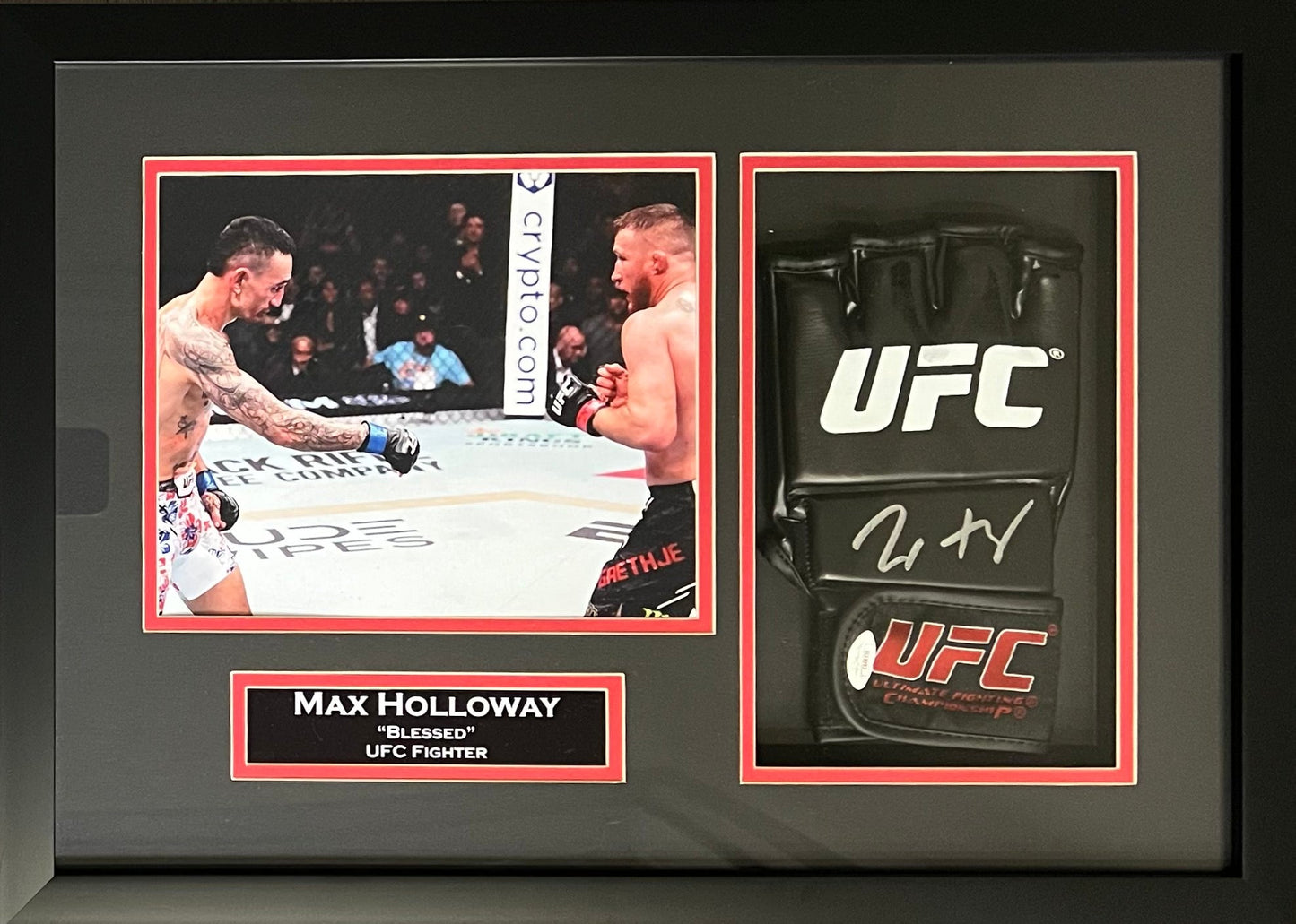 Max Holloway autographed signed framed glove UFC JSA COA Blessed Justin Gaethje