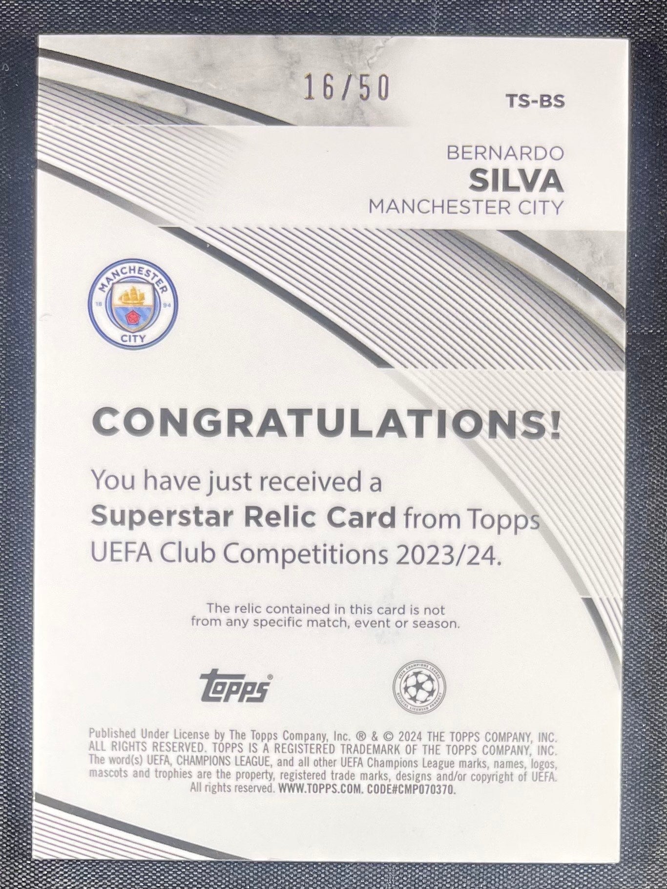 Bernardo Silva 2023 Topps Superstar Gold Game Worn /50 Relic TS-BS