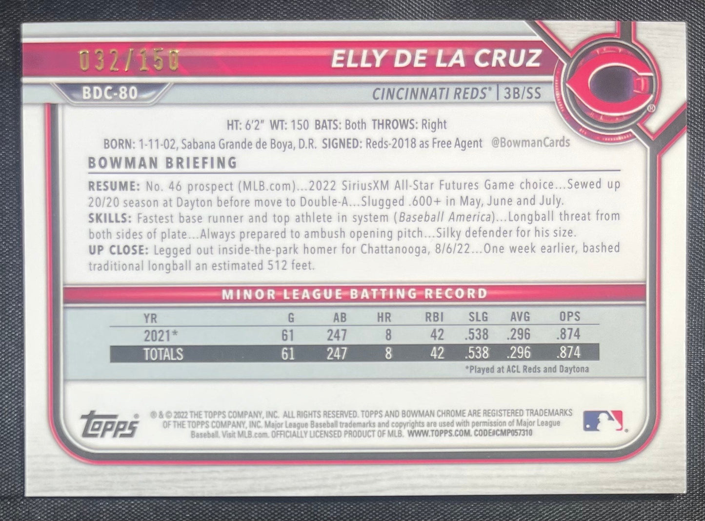 Elly De La Cruz RC 2022 Bowman Chrome Blue Refractor /150