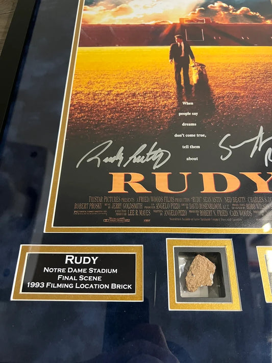 Astin Reuttiger Signed Suede Framed 11x14 Photo & Relic Notre Dame Rudy - JSA