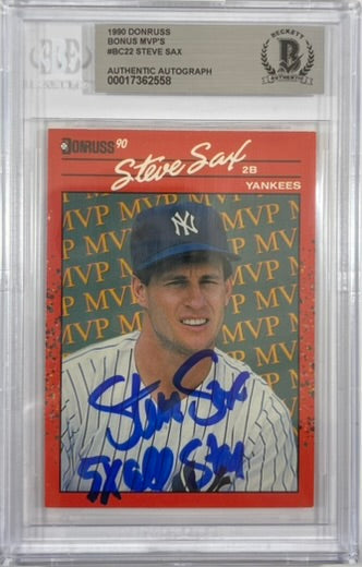 Steve Sax auto signed inscribed card 1989 Leaf MLB New York Yankees BAS Encap