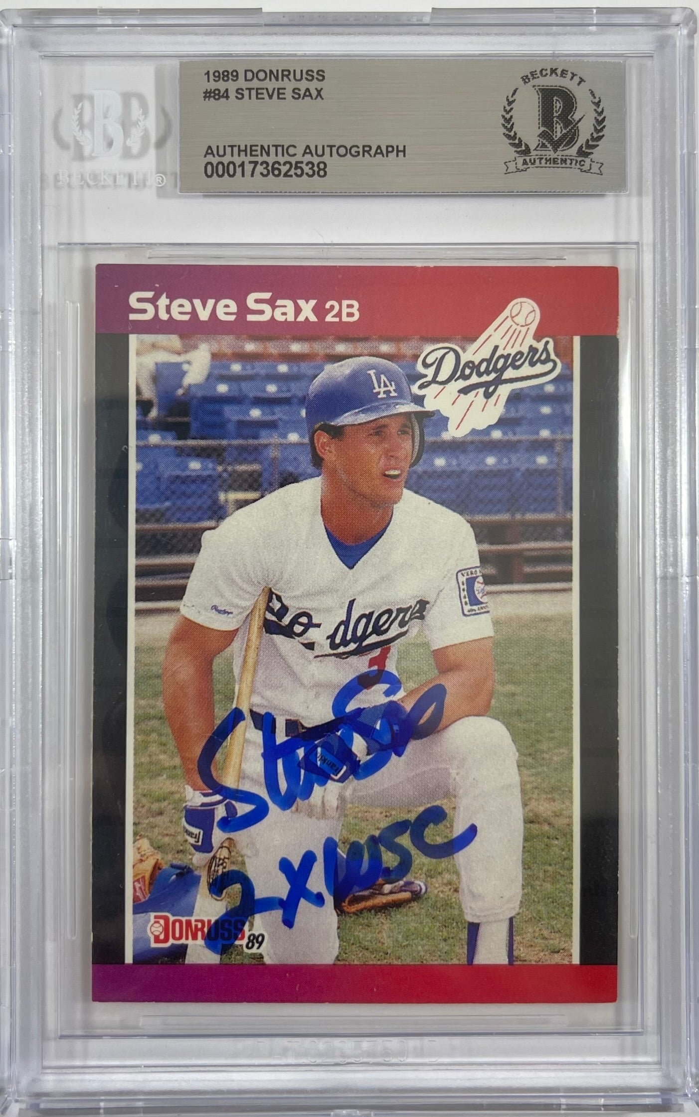 Steve Sax auto signed inscribed card 1988 Leaf MLB New York Yankees BAS Encap