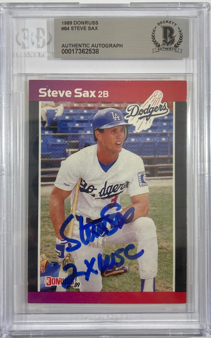 Steve Sax auto signed inscribed card 1988 Leaf MLB New York Yankees BAS Encap