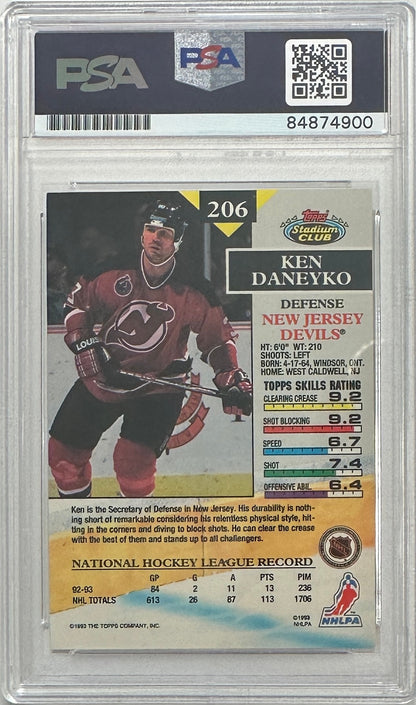 Ken Daneyko auto insc 1992 Topps Stadium Club #206 card PSA Encapsulated Devils