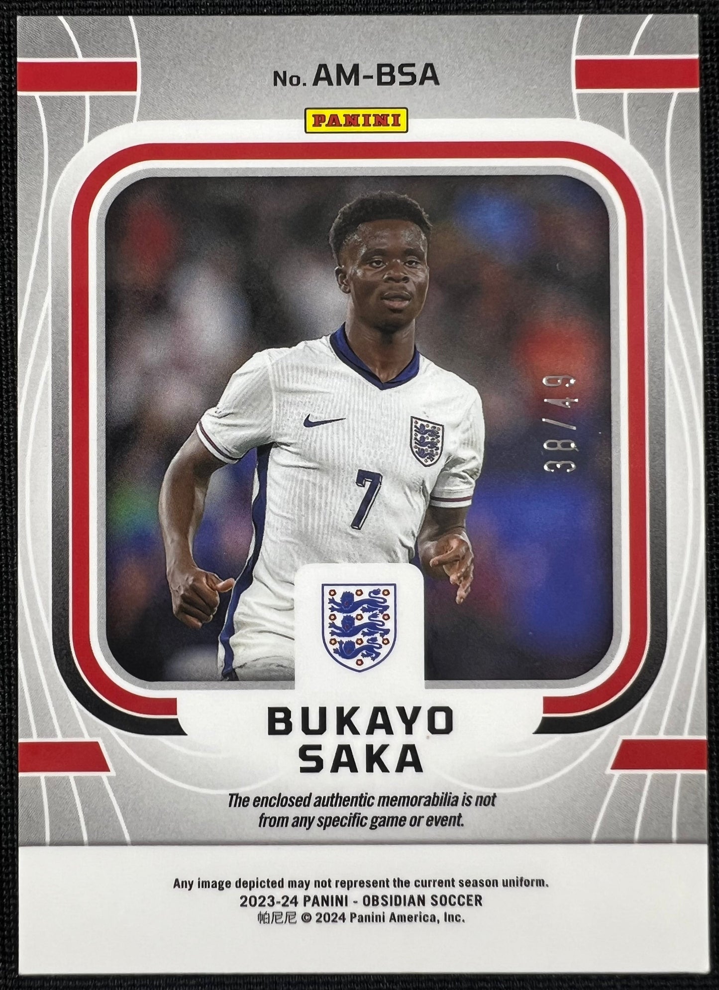 Bukayo Saka 2023-24 Panini Obsidian Atomic Red #AM-BSA /49