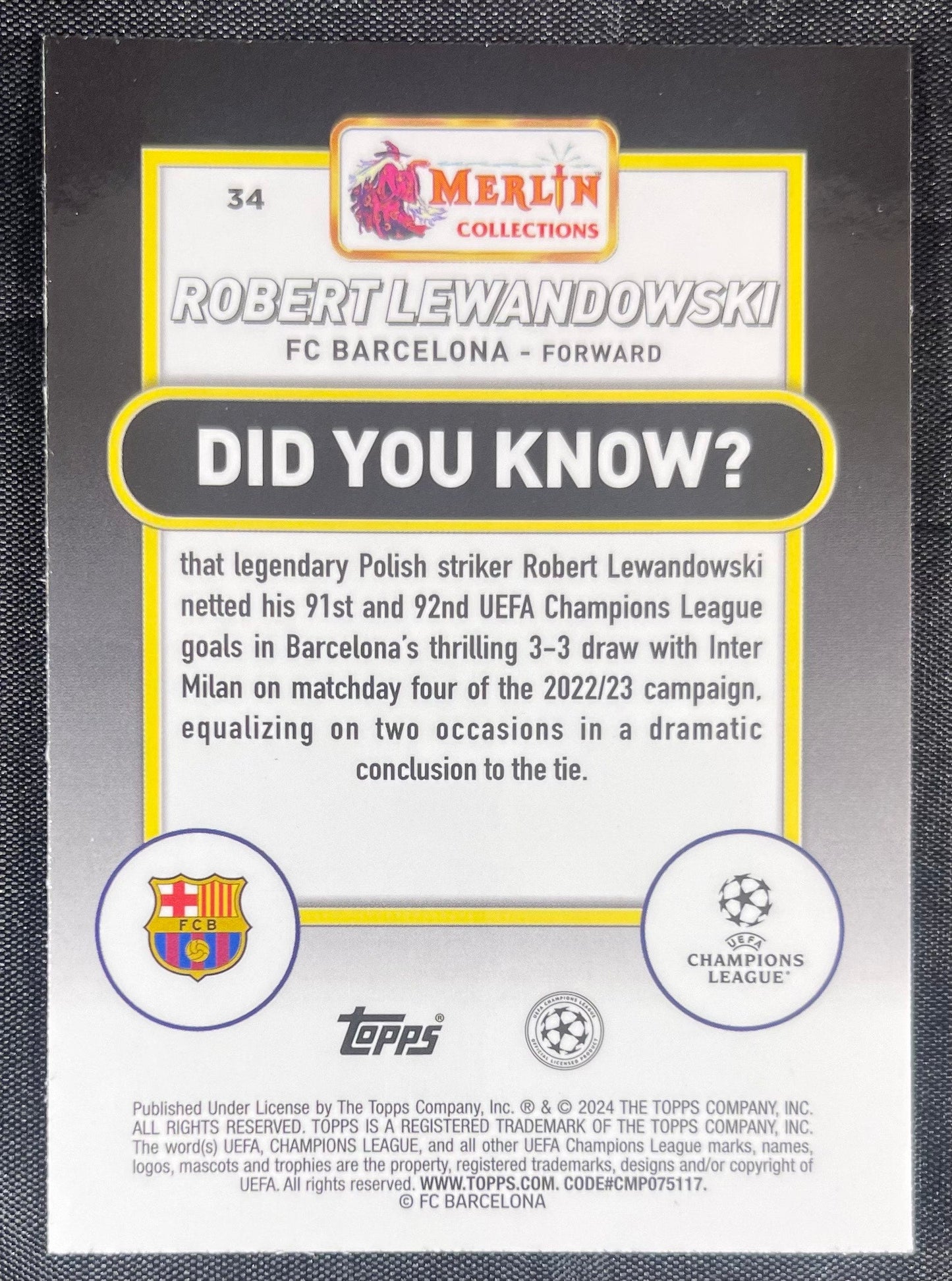 Robert Lewandowski 2023-24 Topps Merlin Pink Mojo #34 /275