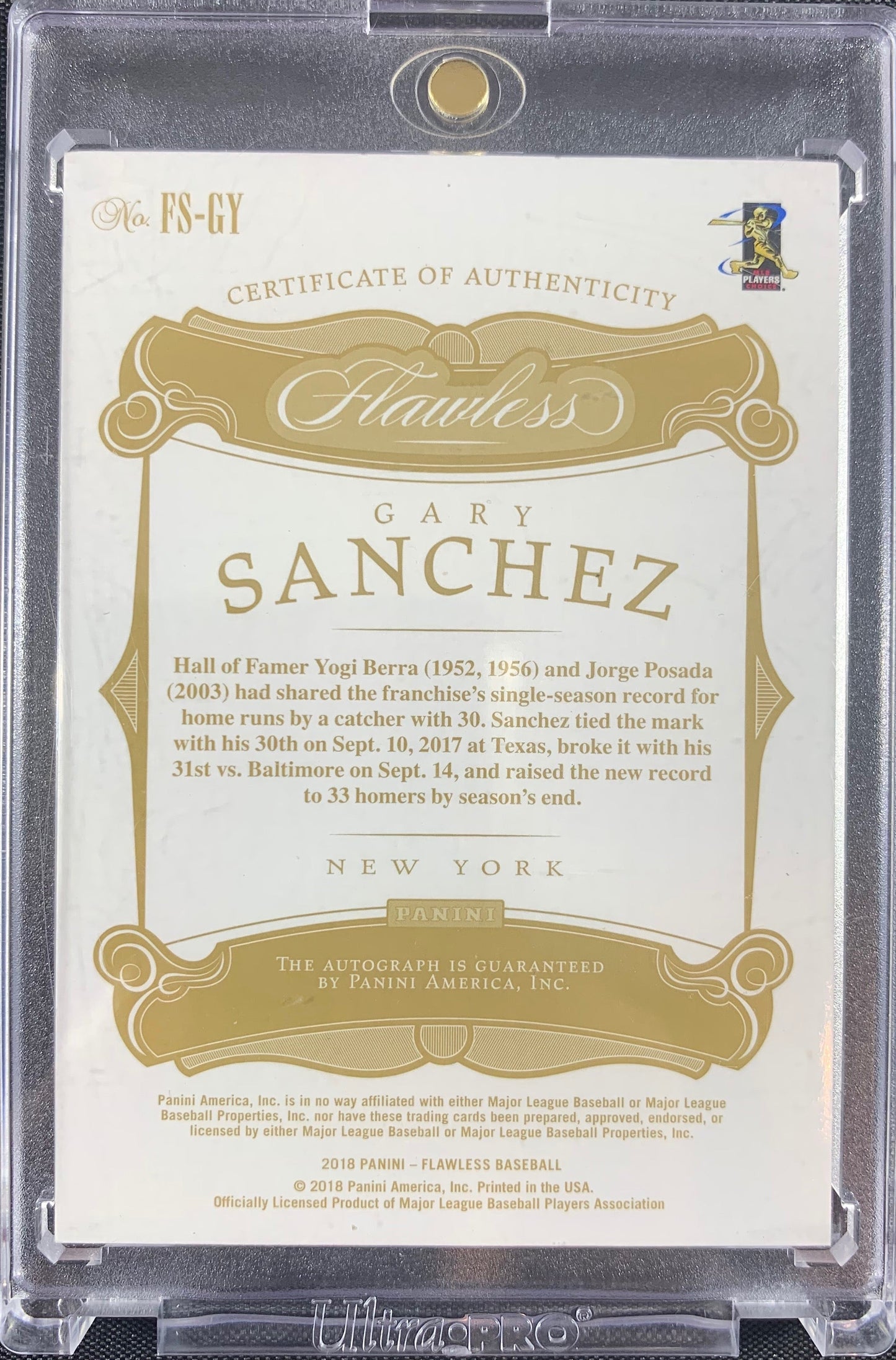 Gary Sanchez autographed signed Card 1/1 New York Yankees 2018 Panini Flawless