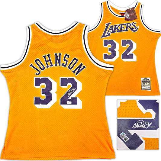 Magic Johnson Signed  Yellow Mitchell & Ness Los Angeles Lakers Jersey - Beckett