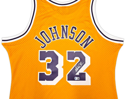 Magic Johnson Signed  Yellow Mitchell & Ness Los Angeles Lakers Jersey - Beckett