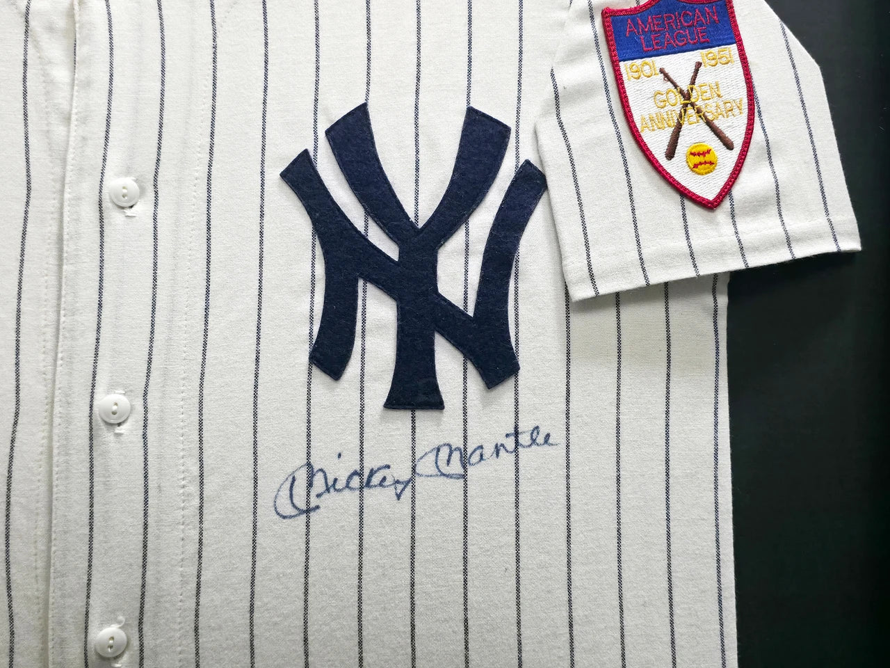 Mickey Mantle Signed Pinstripes Mitchell & Ness AL 50th Anniversary New York Yankees  Jersey - Beckett