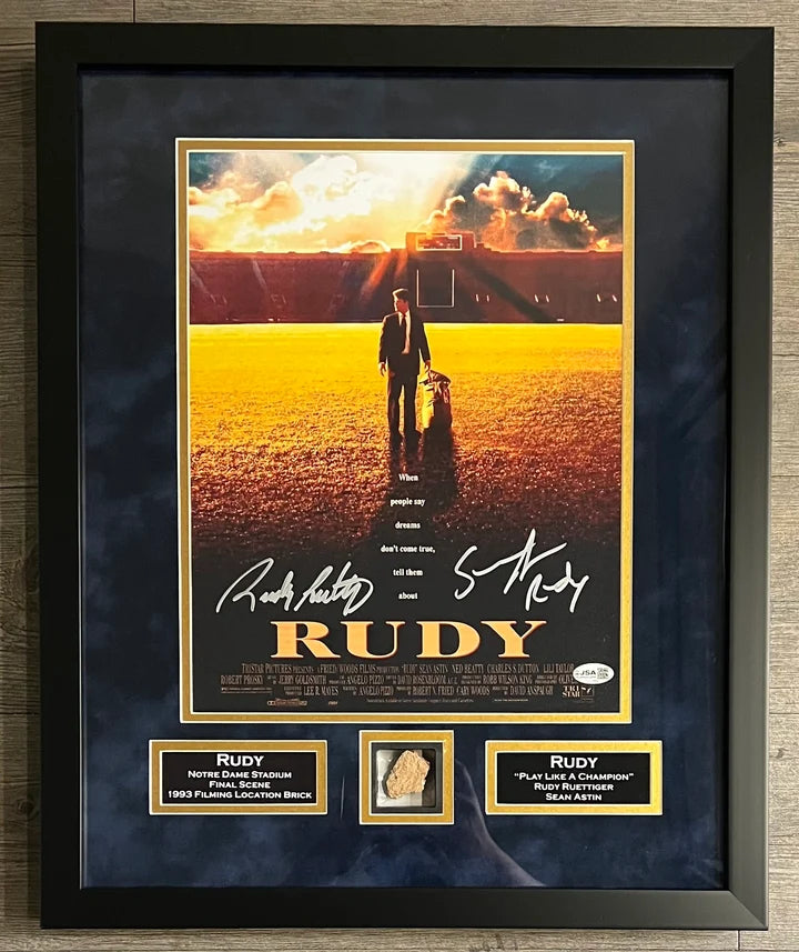 Astin Reuttiger Signed Suede Framed 11x14 Photo & Relic Notre Dame Rudy - JSA