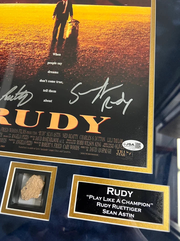 Astin Reuttiger Signed Suede Framed 11x14 Photo & Relic Notre Dame Rudy - JSA