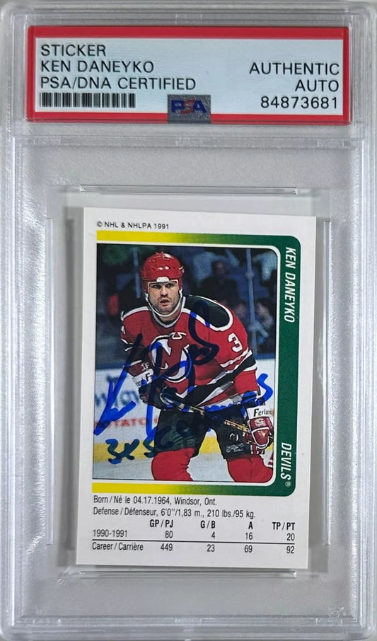 Ken Daneyko auto insc 1991 panini #218 sticker PSA Encapsulated Devils
